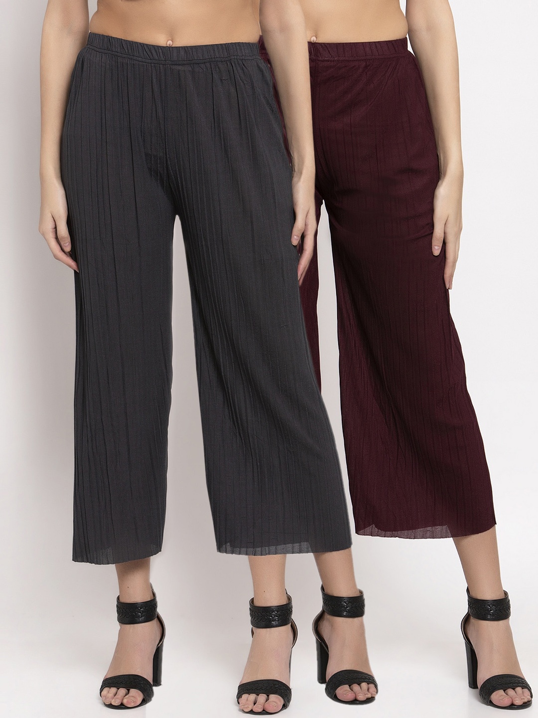 

KLOTTHE Women Pack Of 2 Burgundy & Charcoal Grey Wide Leg Palazzos