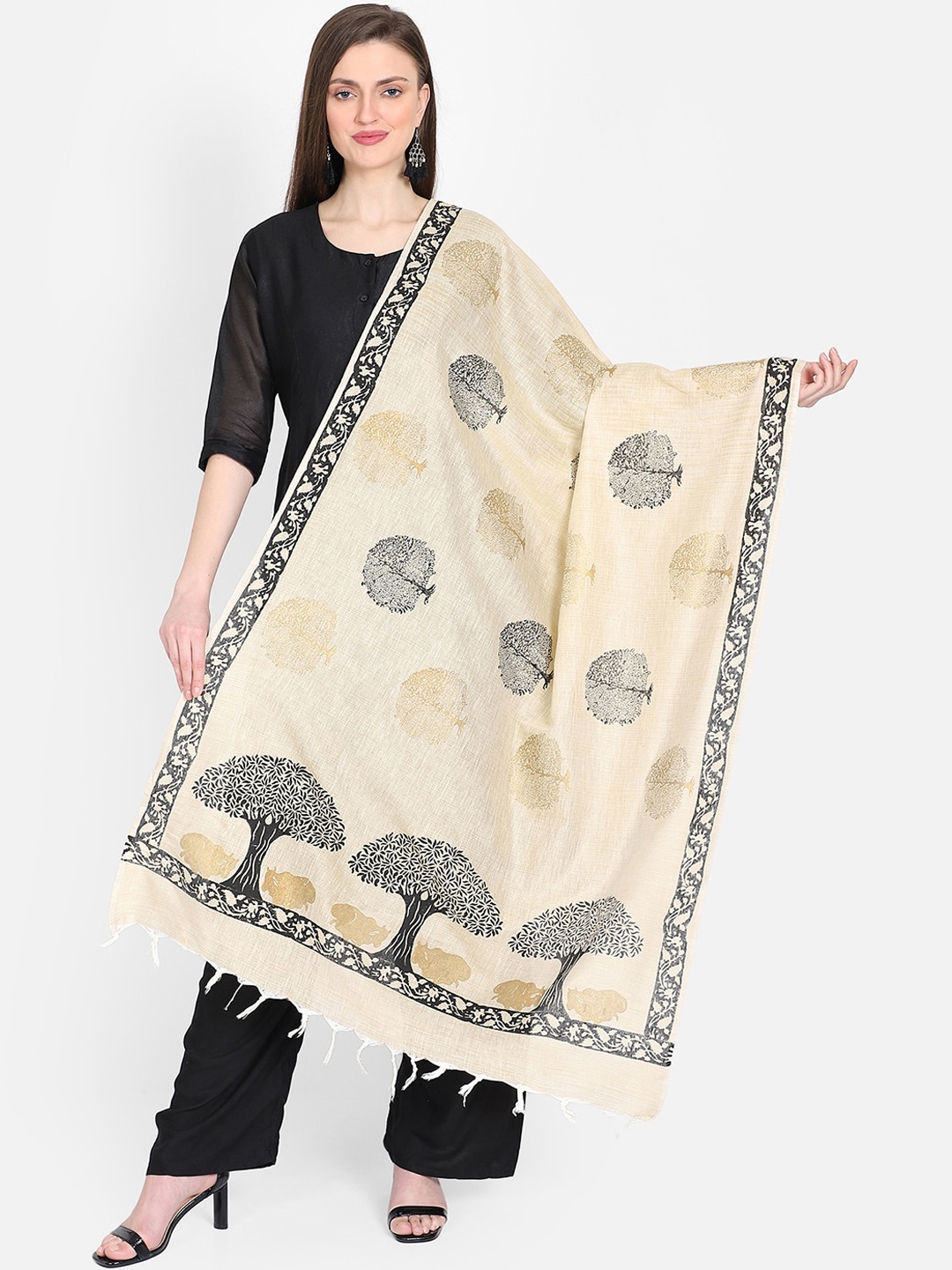 

THE WEAVE TRAVELLER Beige & Black Printed Dupatta