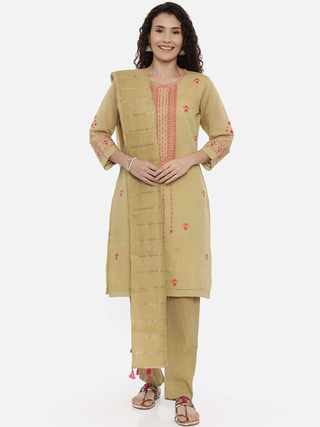 

Neerus Women Olive Green & Pink Embroidered Kurta with Trousers & Dupatta