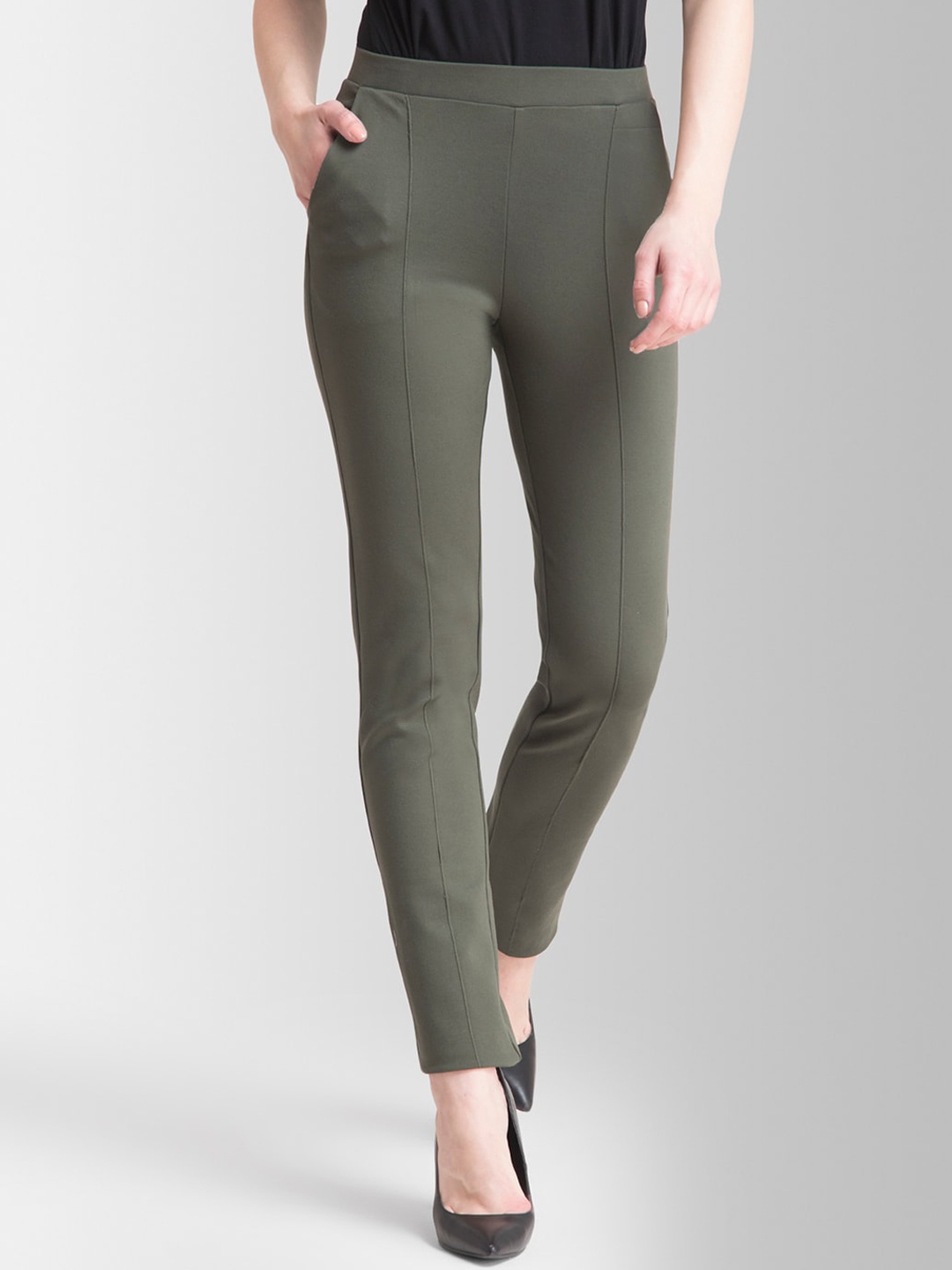 

FableStreet LivIn Straight Fit Cigarette Trousers, Olive