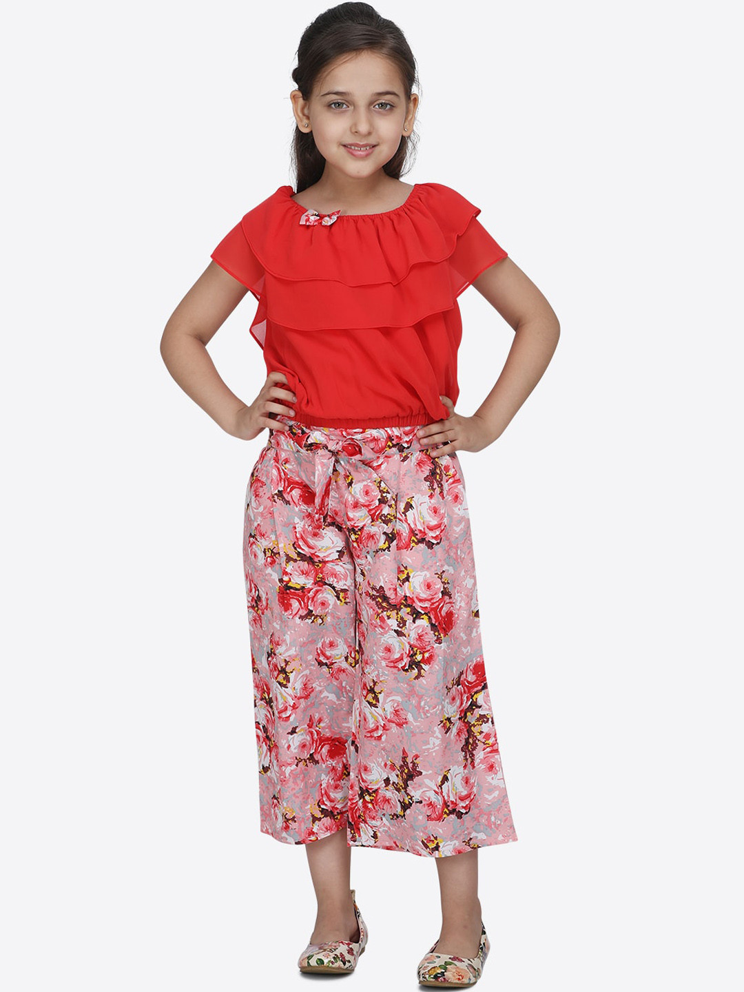 

CUTECUMBER Girls Red & Peach-Coloured Solid Top with Palazzos