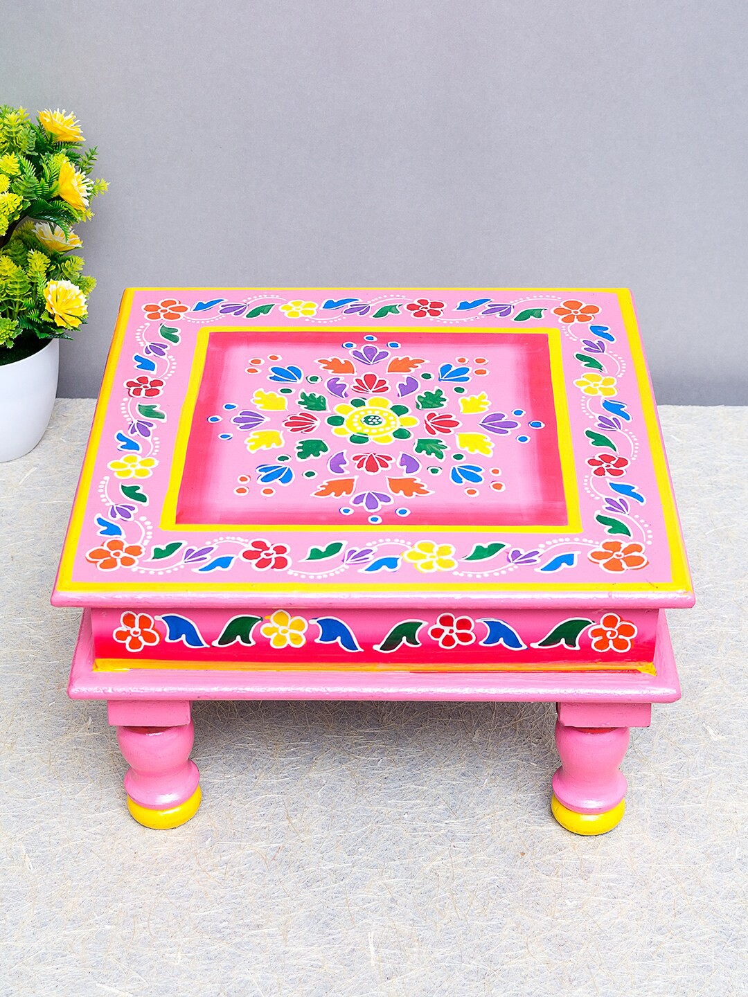 

Golden Peacock Pink & Blue Hand Painted Handcrafted Wooden Square Pooja Chowki