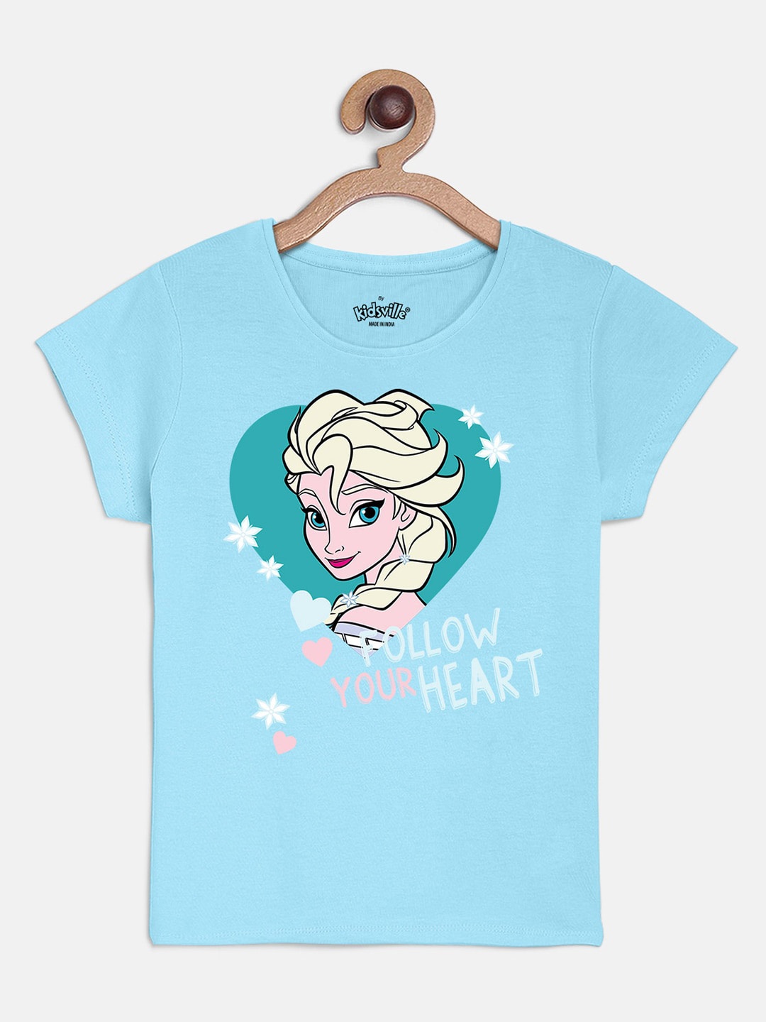 

Kids Ville Girls Turquoise Blue Frozen Printed Pure Cotton T-shirt