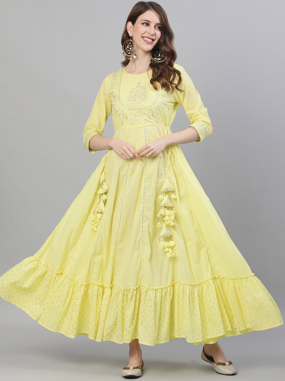 

Ishin Women Yellow Embroidered Maxi Dress