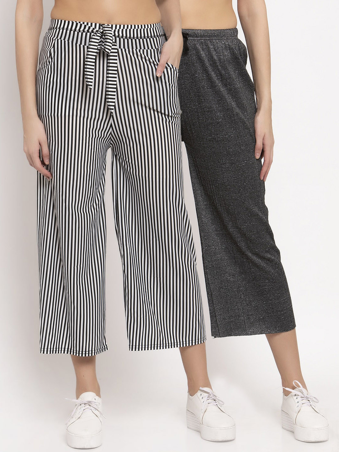 

KLOTTHE Women Pack of 2 Multicoloured Printed Wide Leg Palazzos, Charcoal