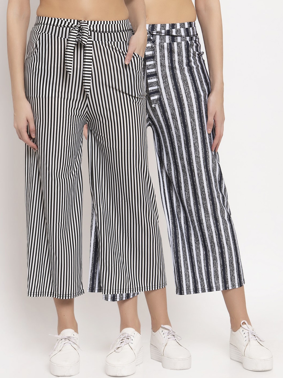 

KLOTTHE Women Pack of 2 Grey & Black Striped Wide Leg Palazzos