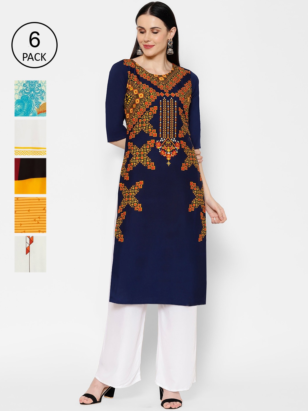 

7Threads Women Pack Of 6 Multicoloured Printed Flared Sleeves Crepe Kurta, Multi