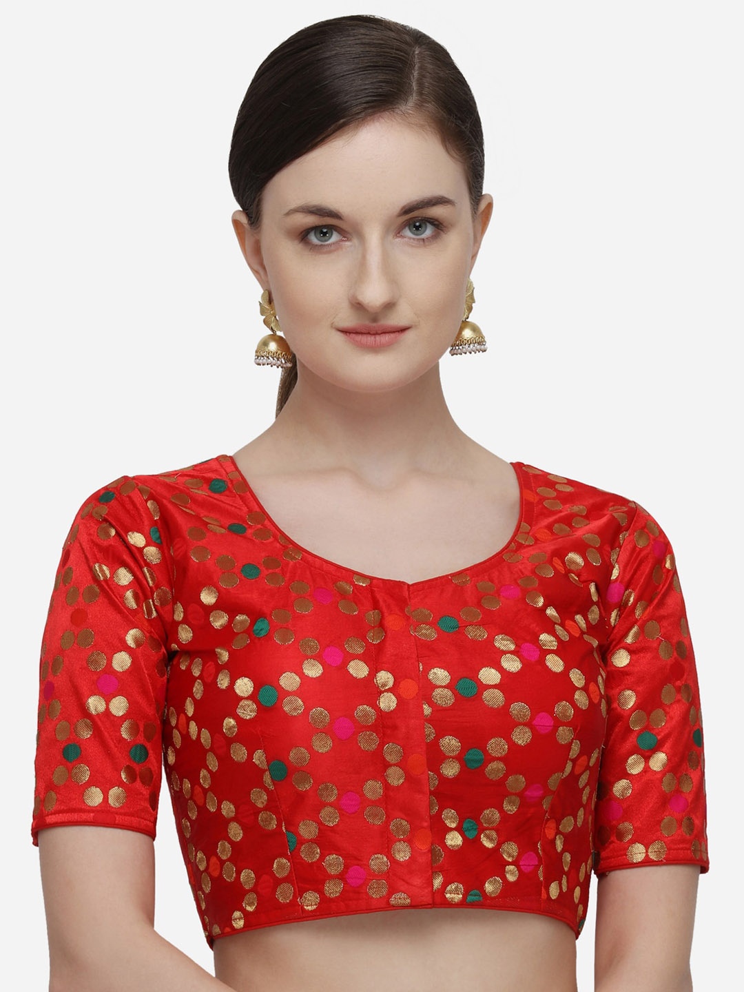 

Fab Dadu Women Red & Gold-Coloured Jacquard Woven Design Readymade Saree Blouse