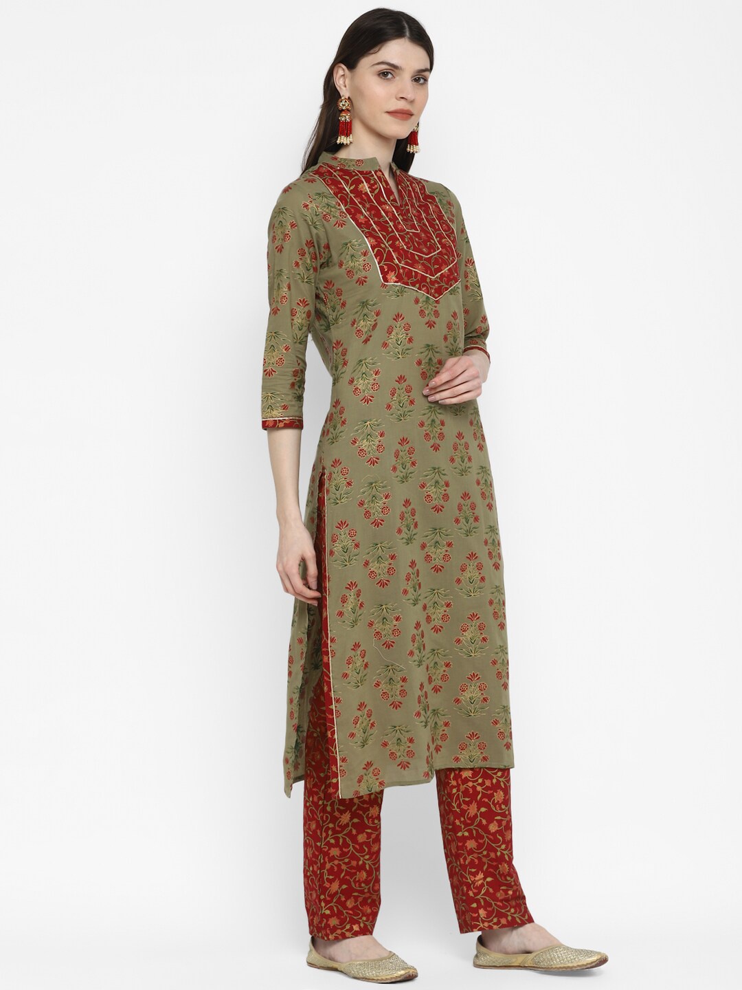 

Vbuyz Women Olive Green Floral Yoke Design Kurta