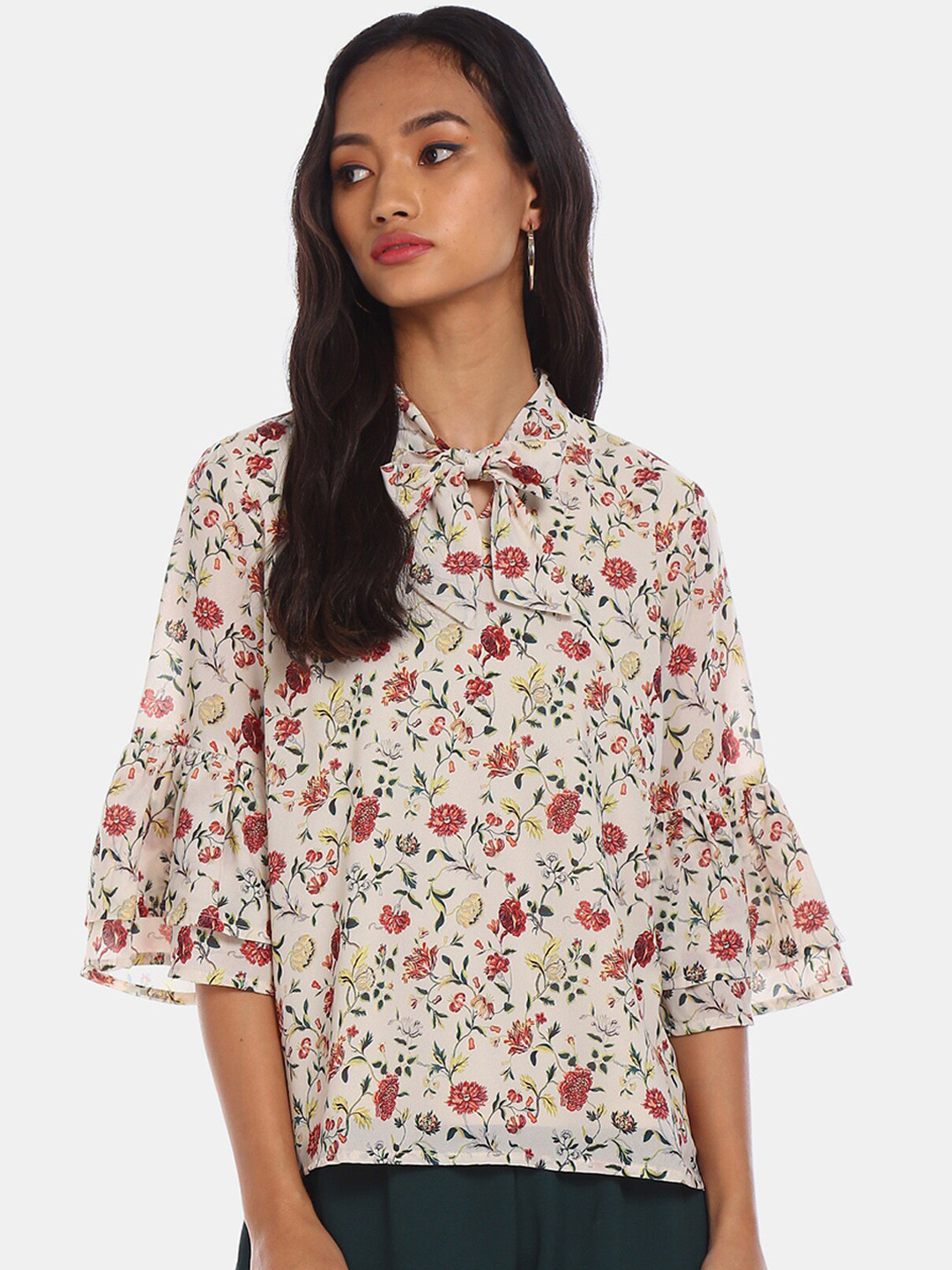 

Cherokee Beige Floral Printed Tie-Up Neck Bell Sleeves Top