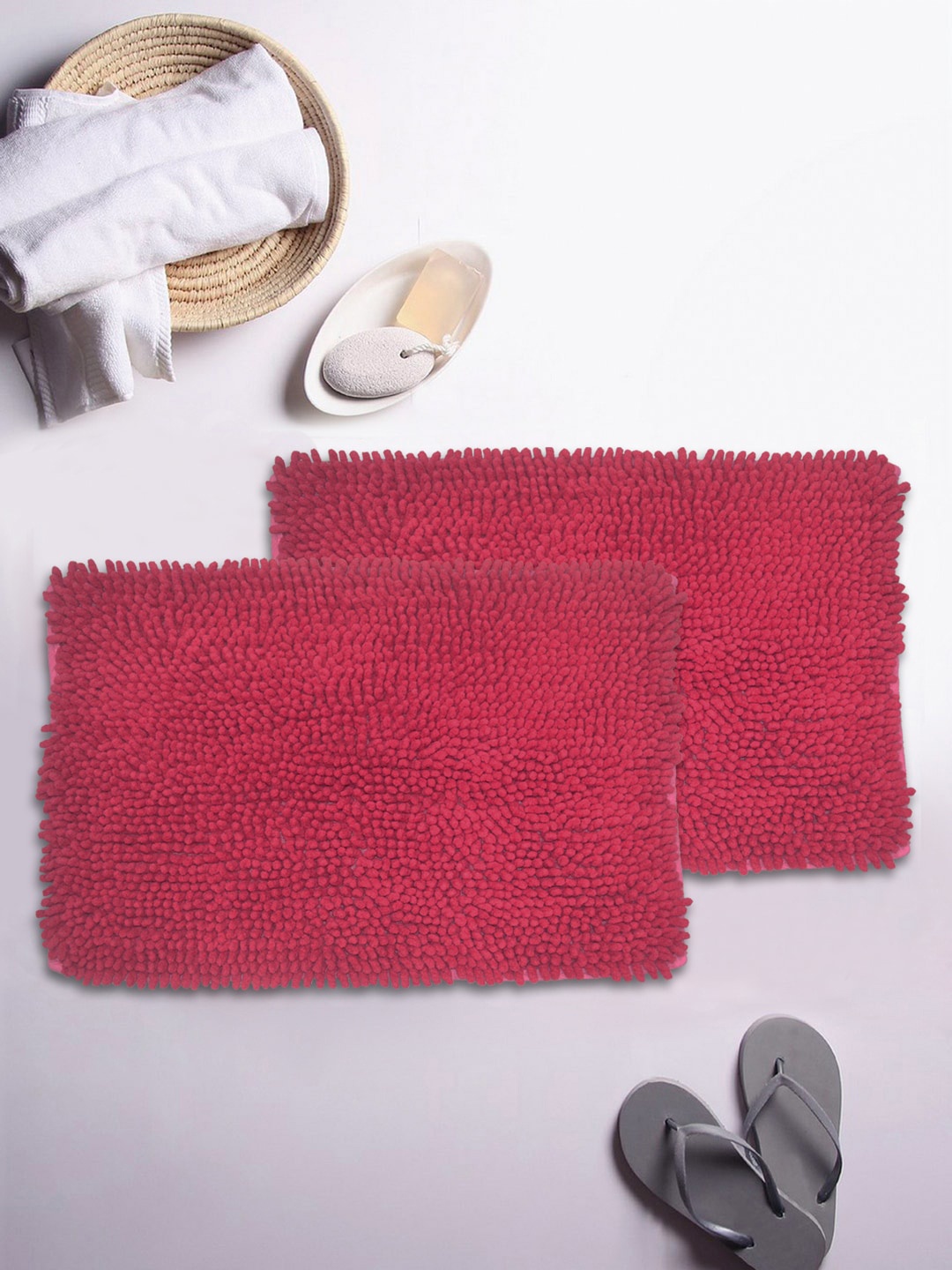 

BIANCA Set Of 2 Mushroom Texture Non-Slip Shaggy Bath Rugs, Red