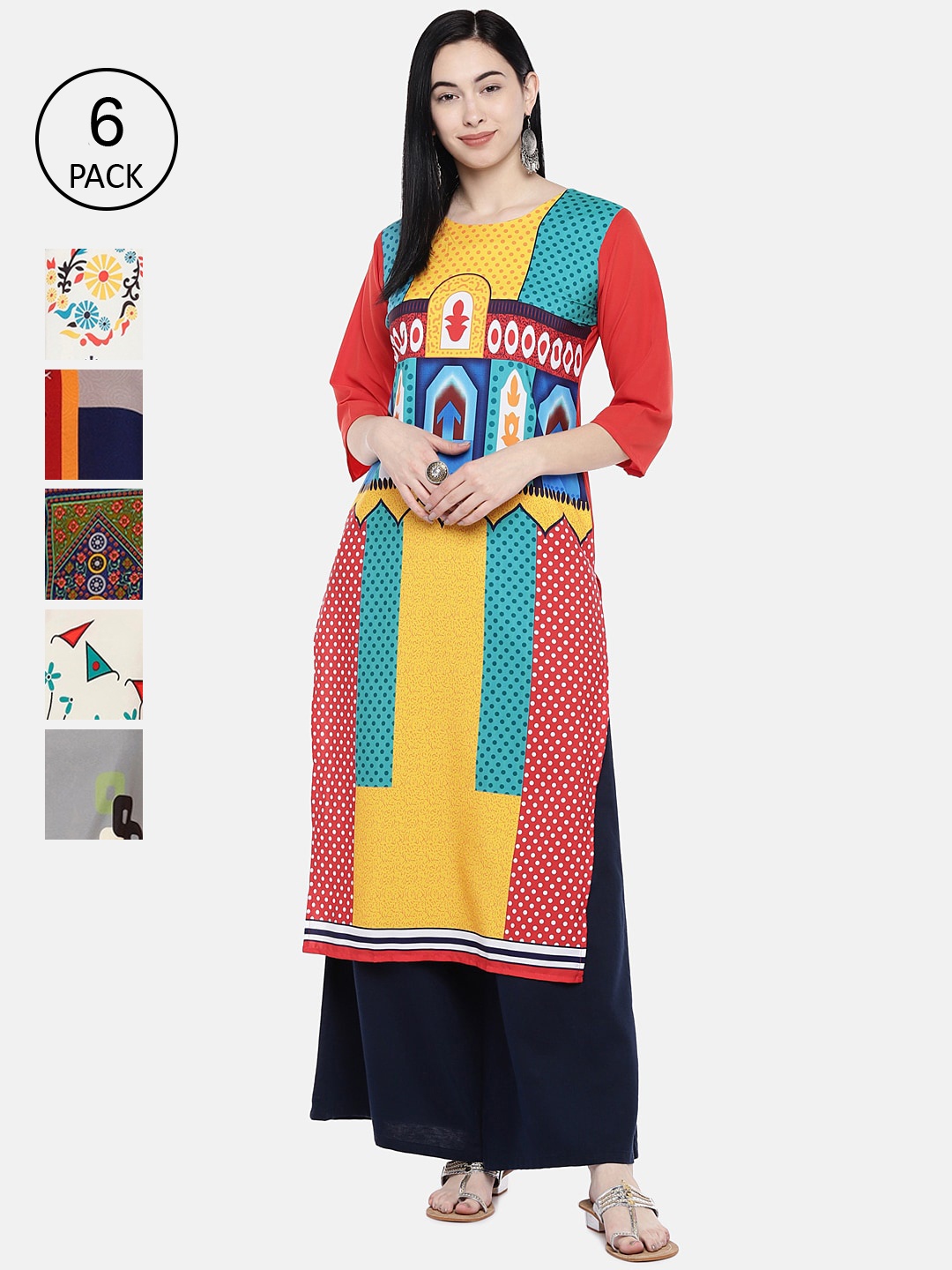 

7Threads Women Pack of 6 Multicoloured Ethnic Motifs Printed Crepe Kurta, Multi