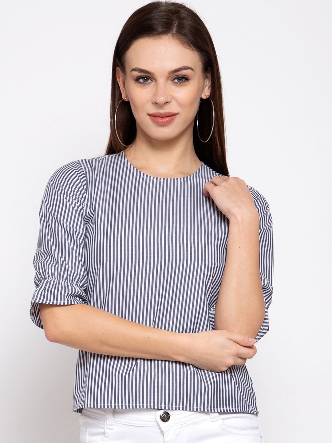 

Style Quotient Blue Striped Puff Sleeves Top