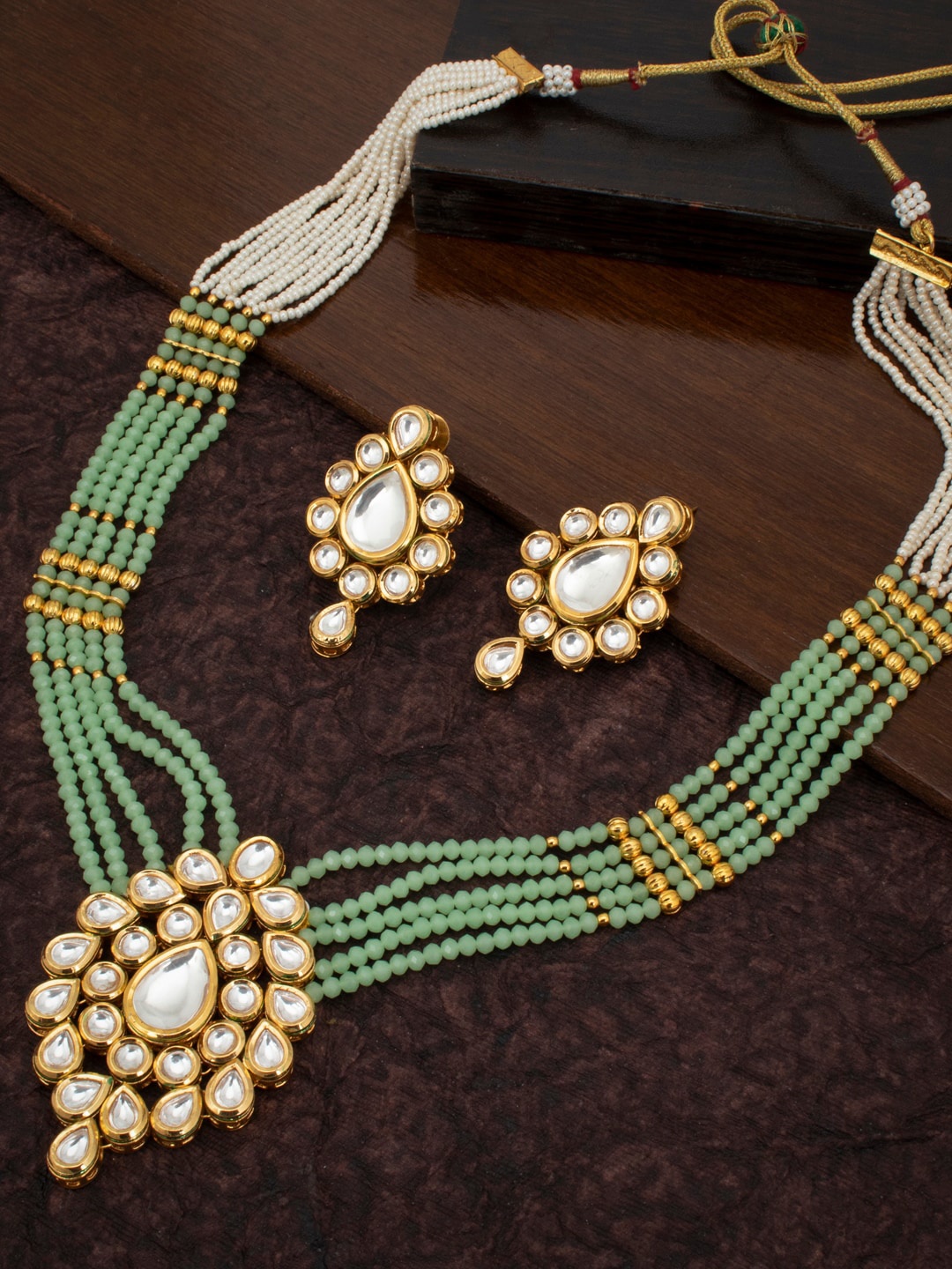 

Sukkhi Gold-Plated White & Sea Green Kundan-Studded Pearl Beaded Sustainable Jewellery Set