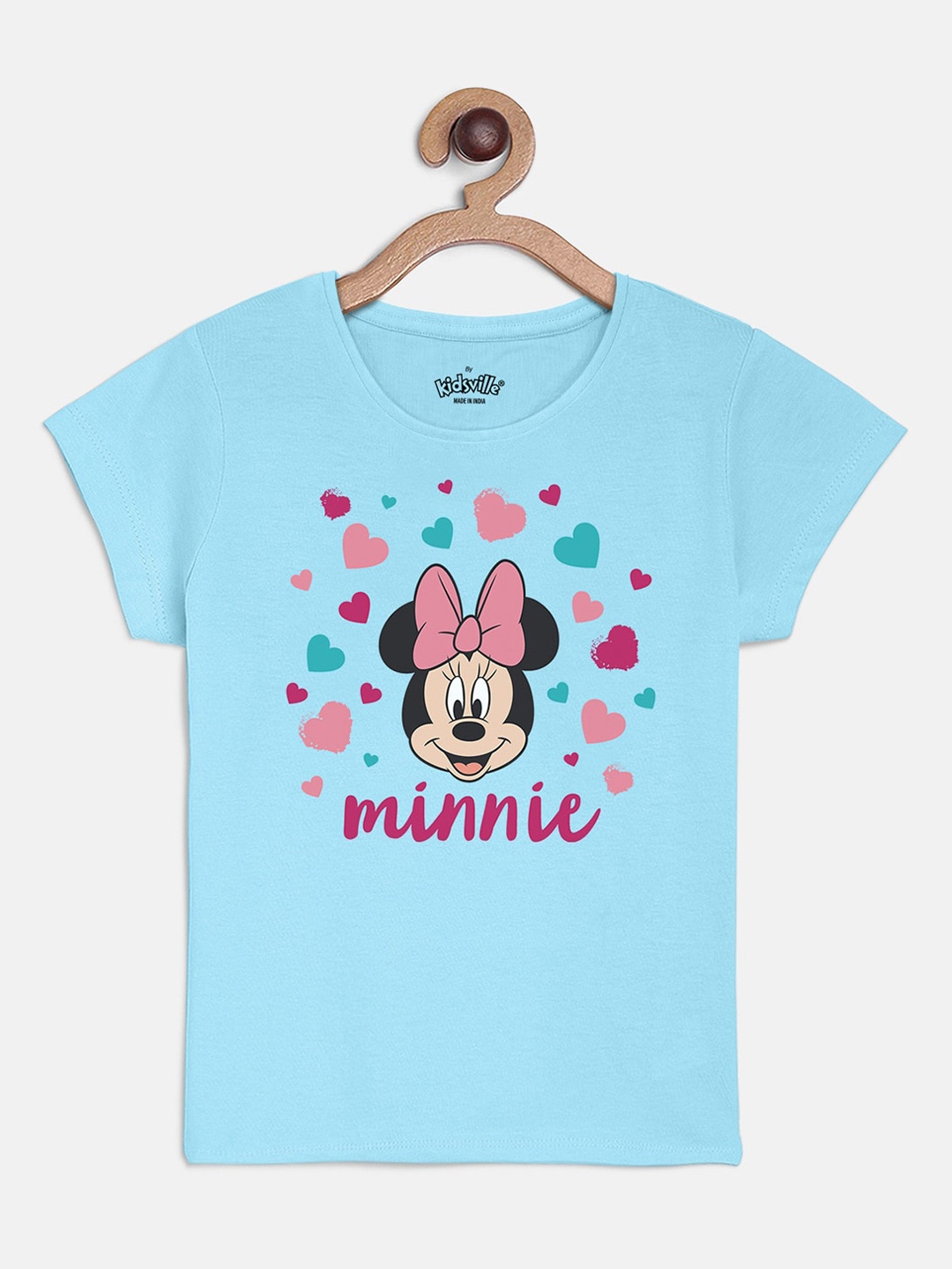 Kids Ville Girls Blue Minnie Mouse Printed Round Neck Pure Cotton T-shirt