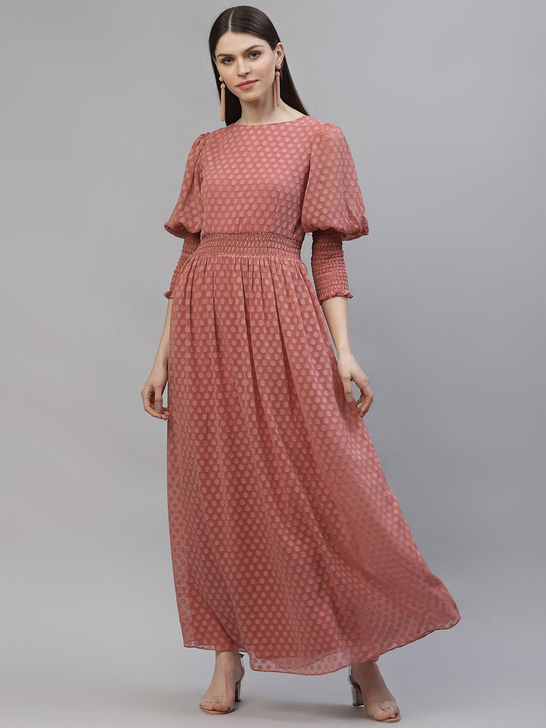 

Athena Women Peach-Coloured Self Design Maxi Dress