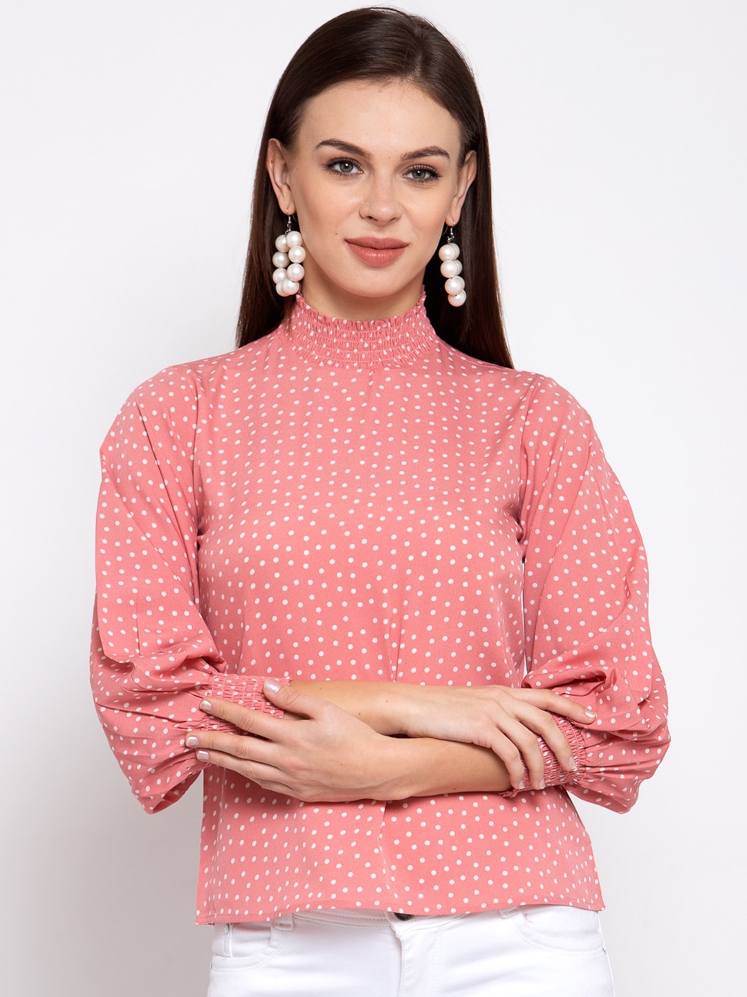 

Style Quotient Pink & White Printed Puff Sleeves Crepe Top