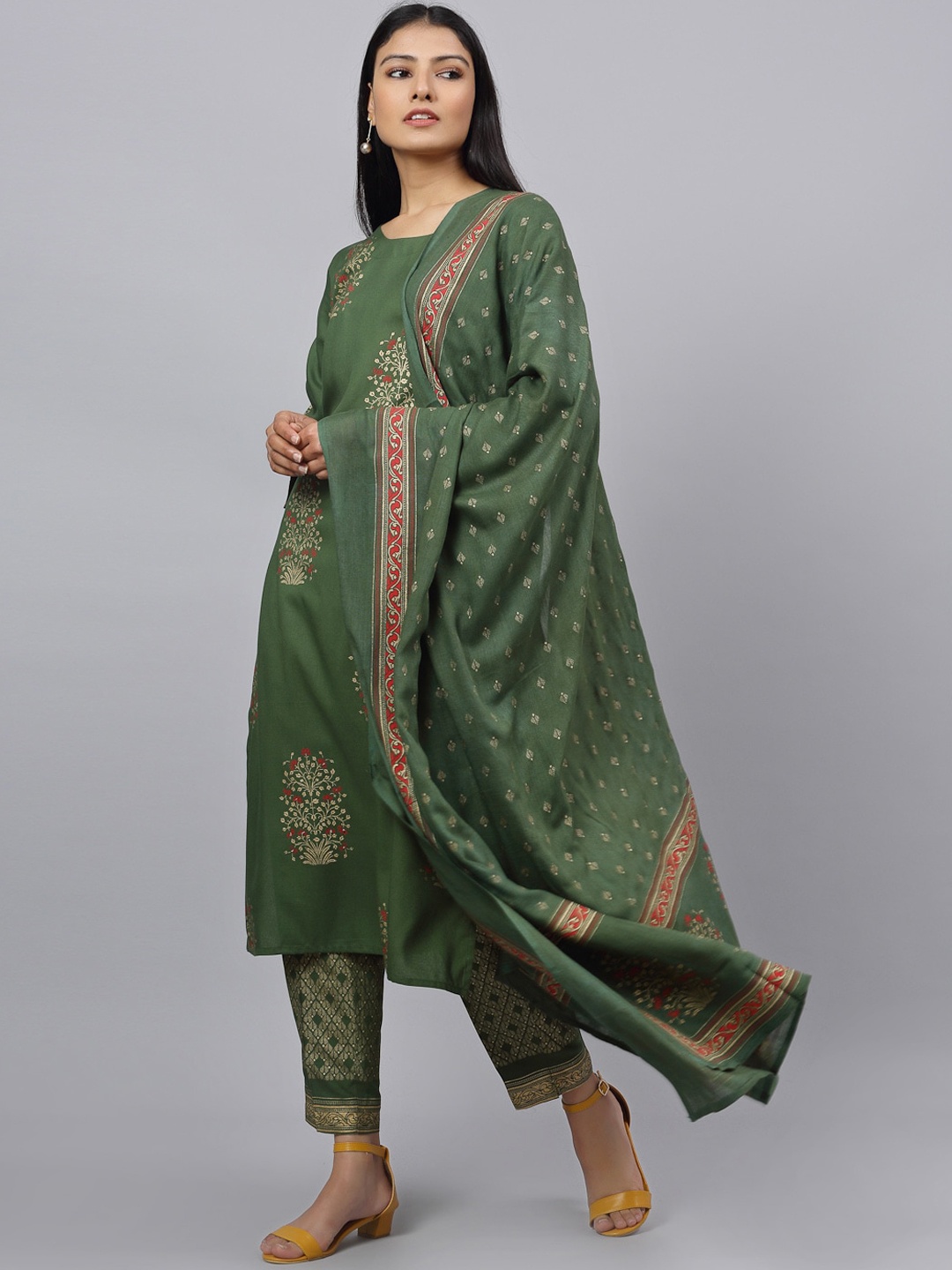 

ANAISA Women Olive Green Printed Kurta with Trousers & Dupatta