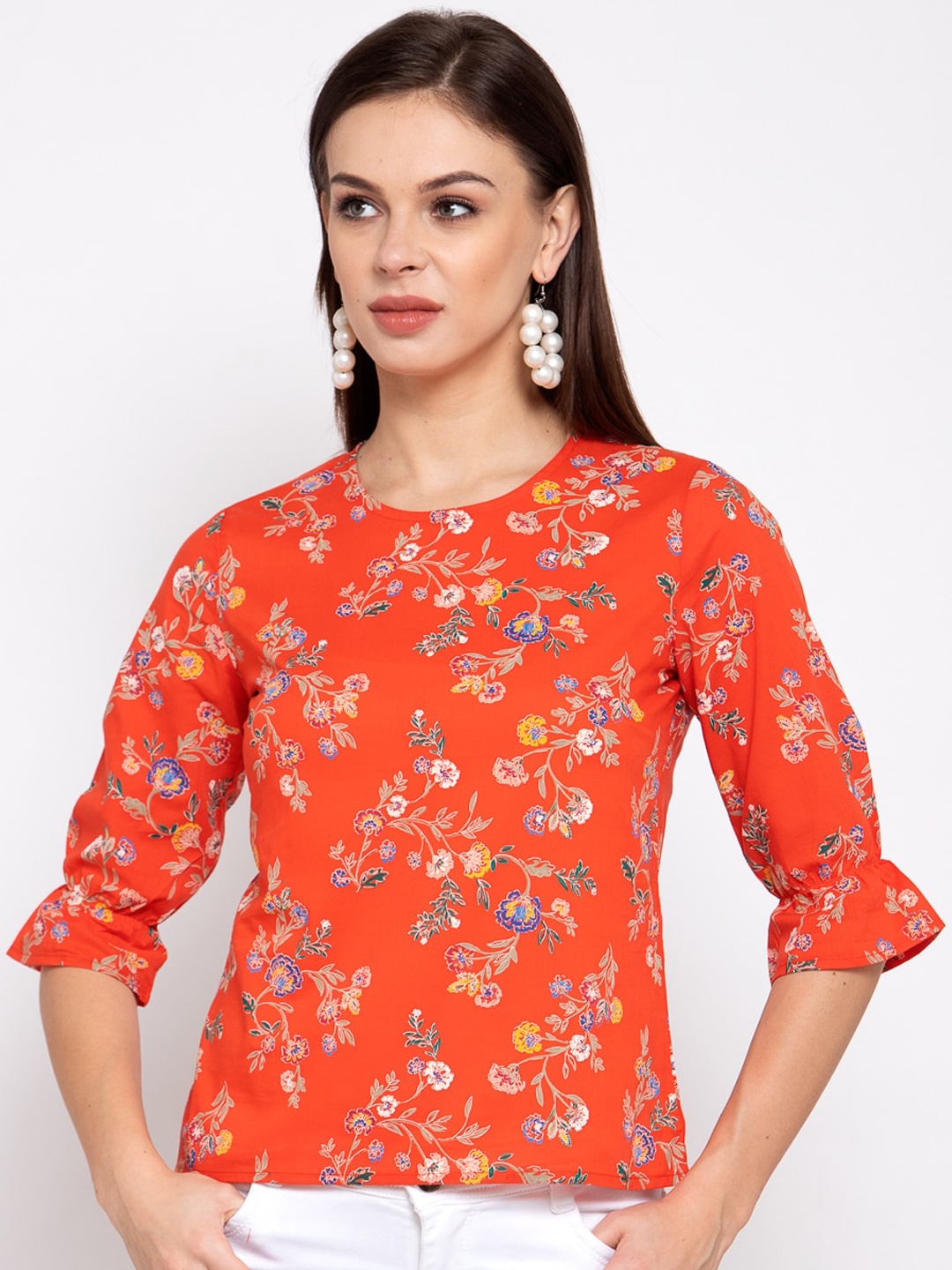 

Style Quotient Orange Floral Printed Flared Sleeves Top