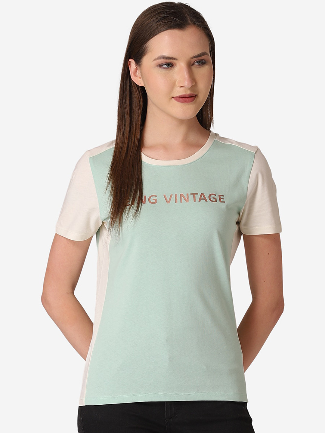 

Mode by Red Tape Women Mint Green & Off-White Printed Round Neck T-shirt