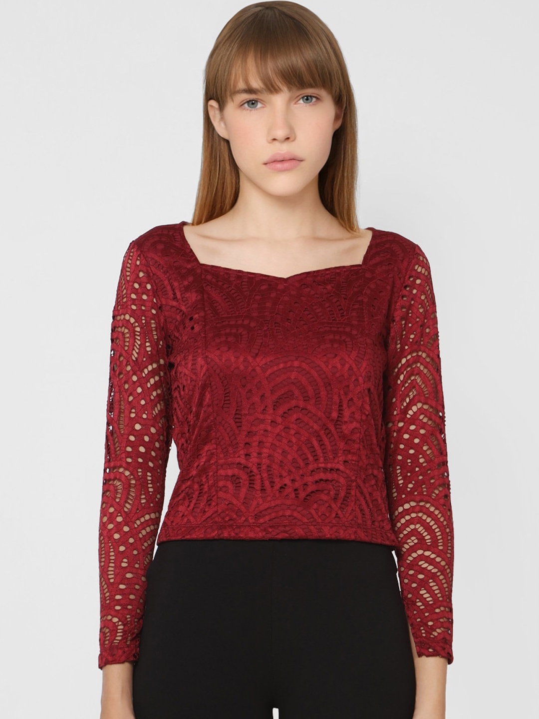 

ONLY Maroon Self Design Lace Top
