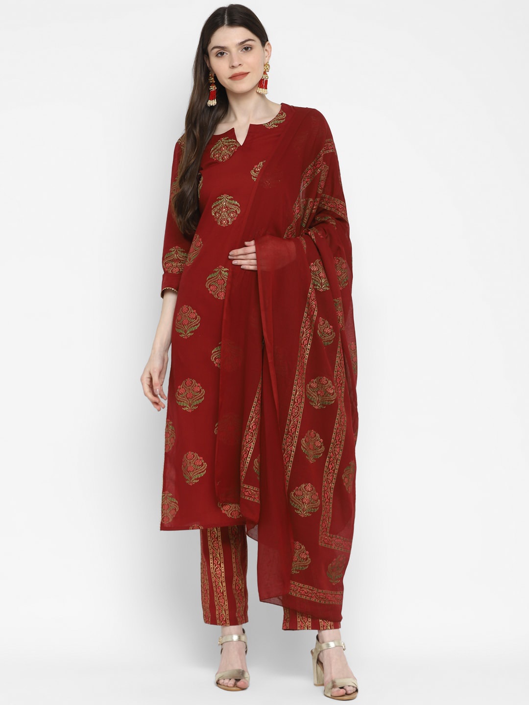 

Vbuyz Women Maroon Woven Design Kurta with Trousers & Dupatta