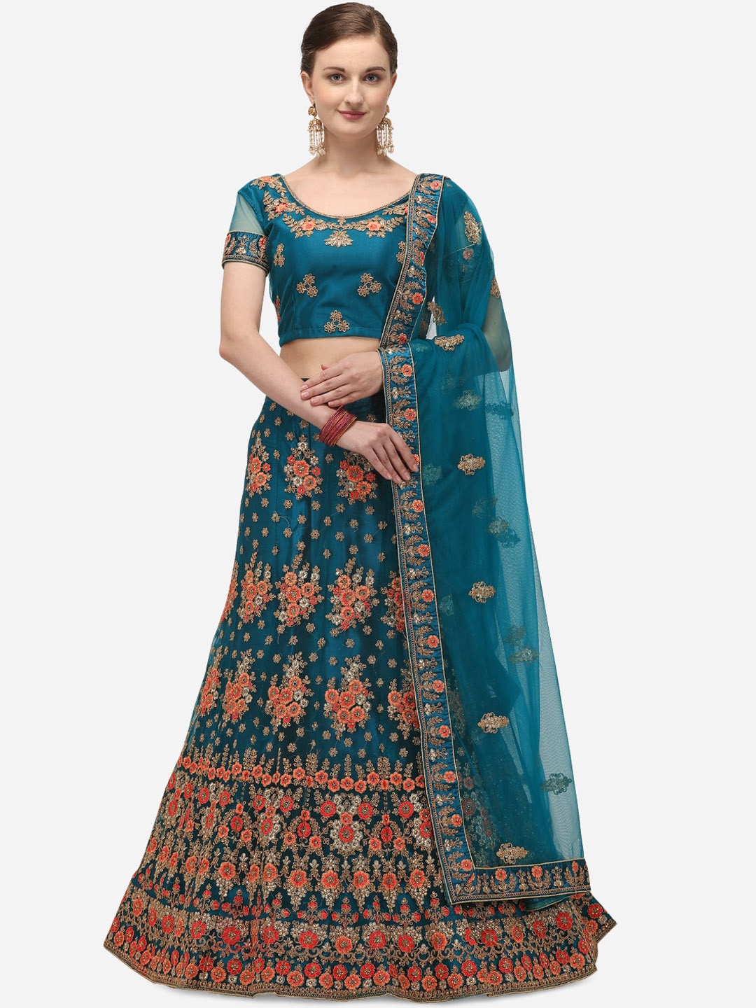 

Netram Blue & Orange Embroidered Unstitched Lehenga & Blouse with Dupatta