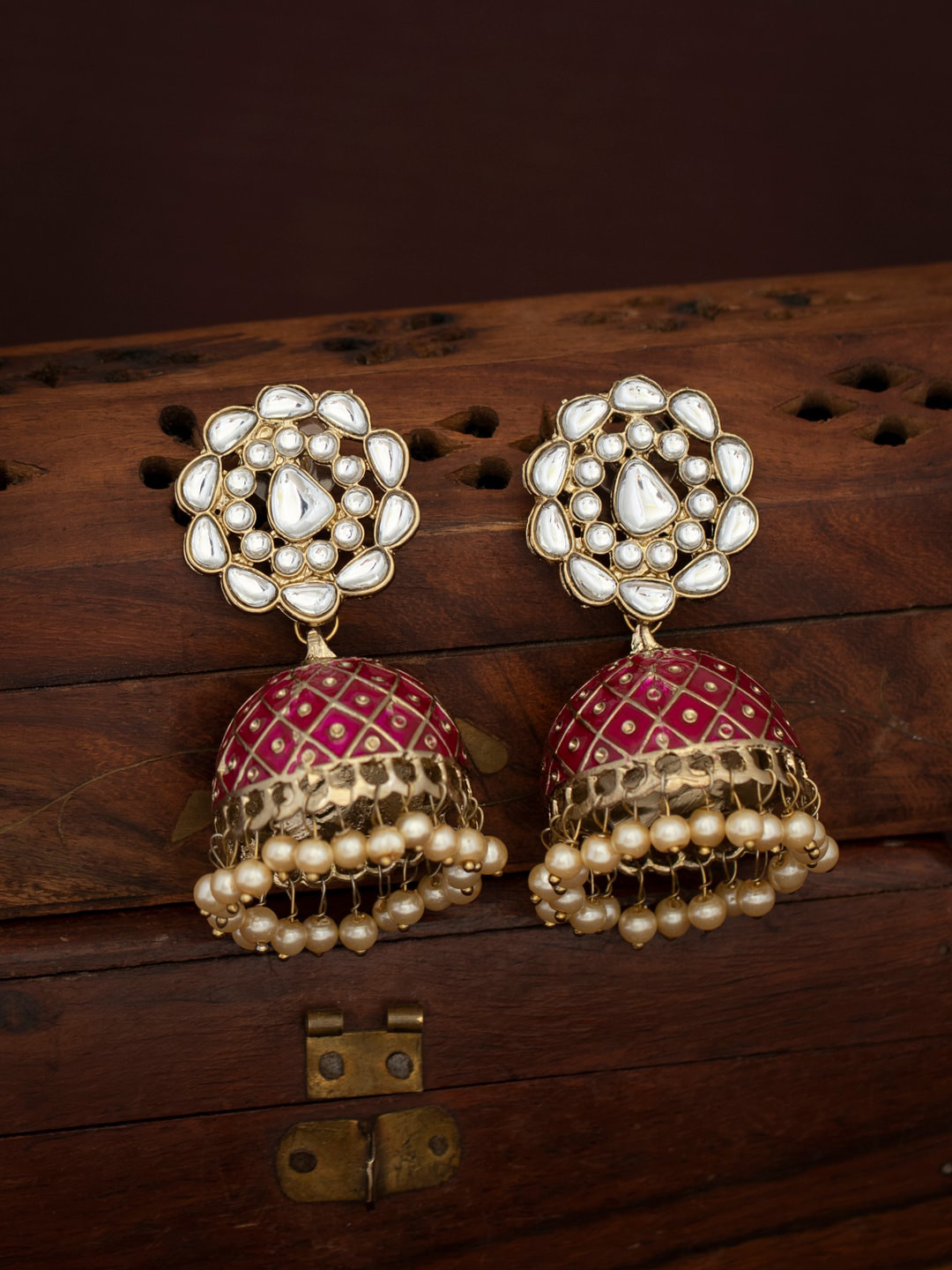 

Sukkhi Pink Gold-Plated Meenakari Dome Shaped Jhumkas