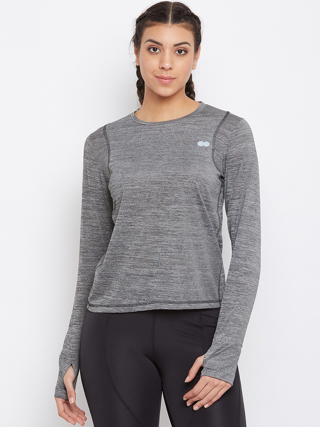 

Clovia Women Grey Solid Round Neck Slim Fit Activewear T-shirt