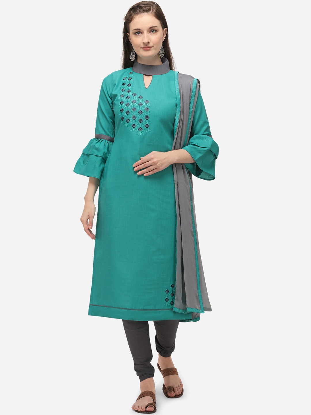 

mf Sea Green & Grey Cotton Blend Unstitched Dress Material