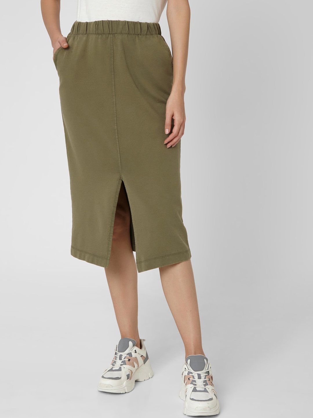 

Vero Moda Women Olive Green Solid Pencil Midi Skirt