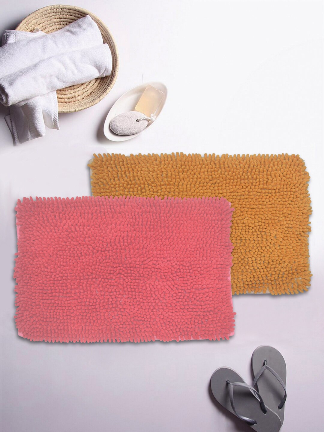 

BIANCA Set Of 2 Solid Shaggy Non-Slip Bath Rugs, Coral