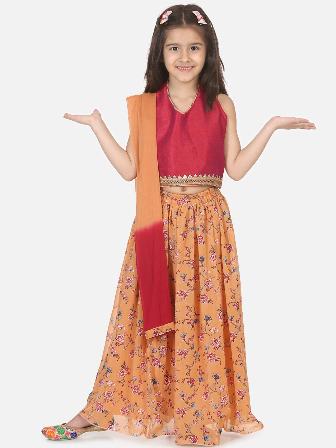 

BownBee Girls Peach-Coloured & Maroon Solid Ready to Wear Lehenga & Blouse with Dupatta