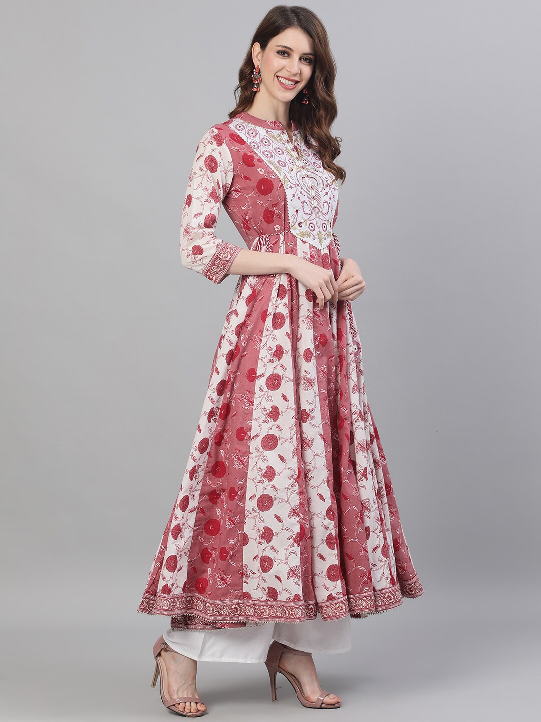 

Ishin Pure Cotton Floral Printed Embroidered Panelled Anarkali Kurta, Pink