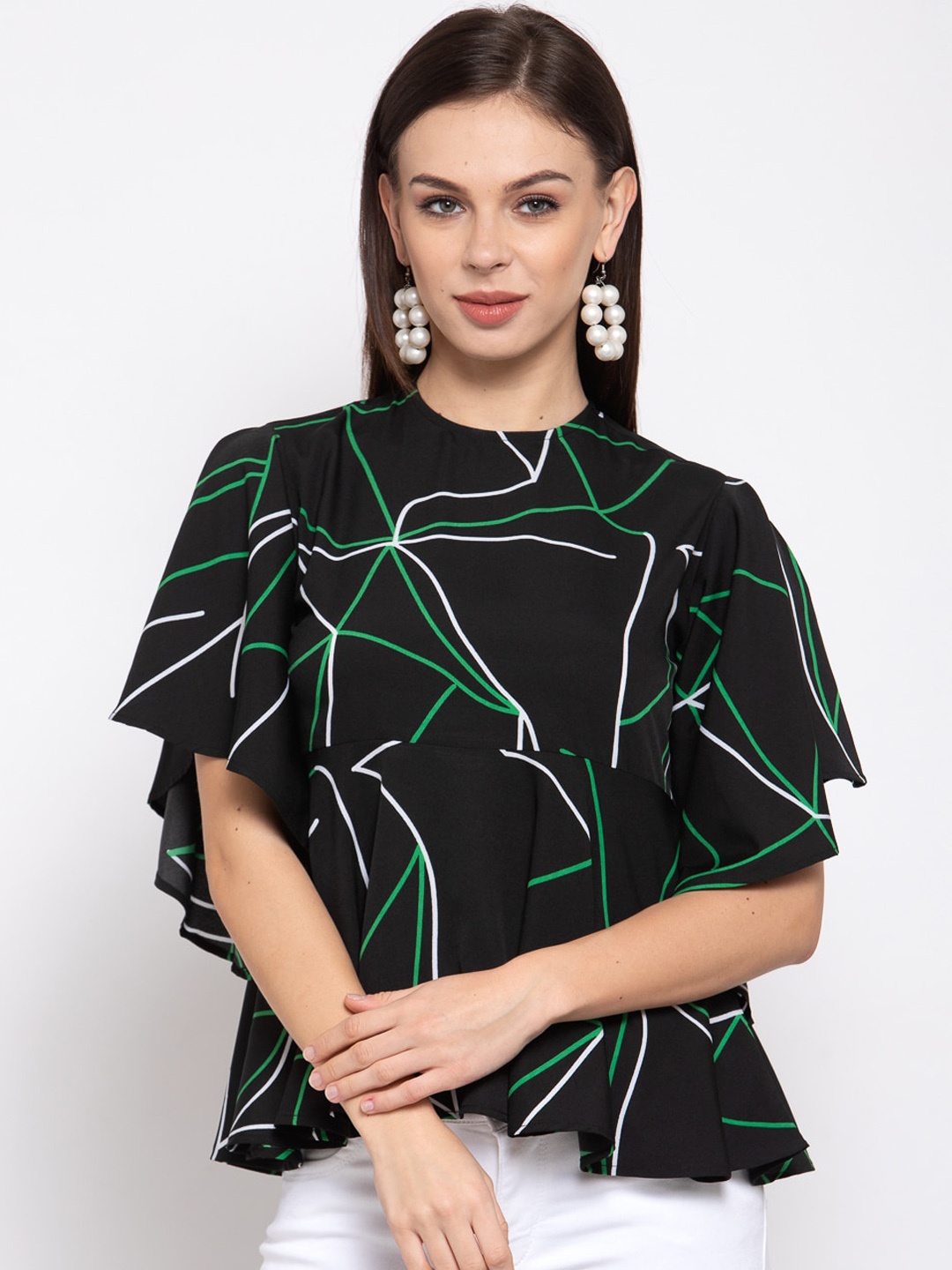 

Style Quotient Black Printed Flared Sleeves Crepe Peplum Top