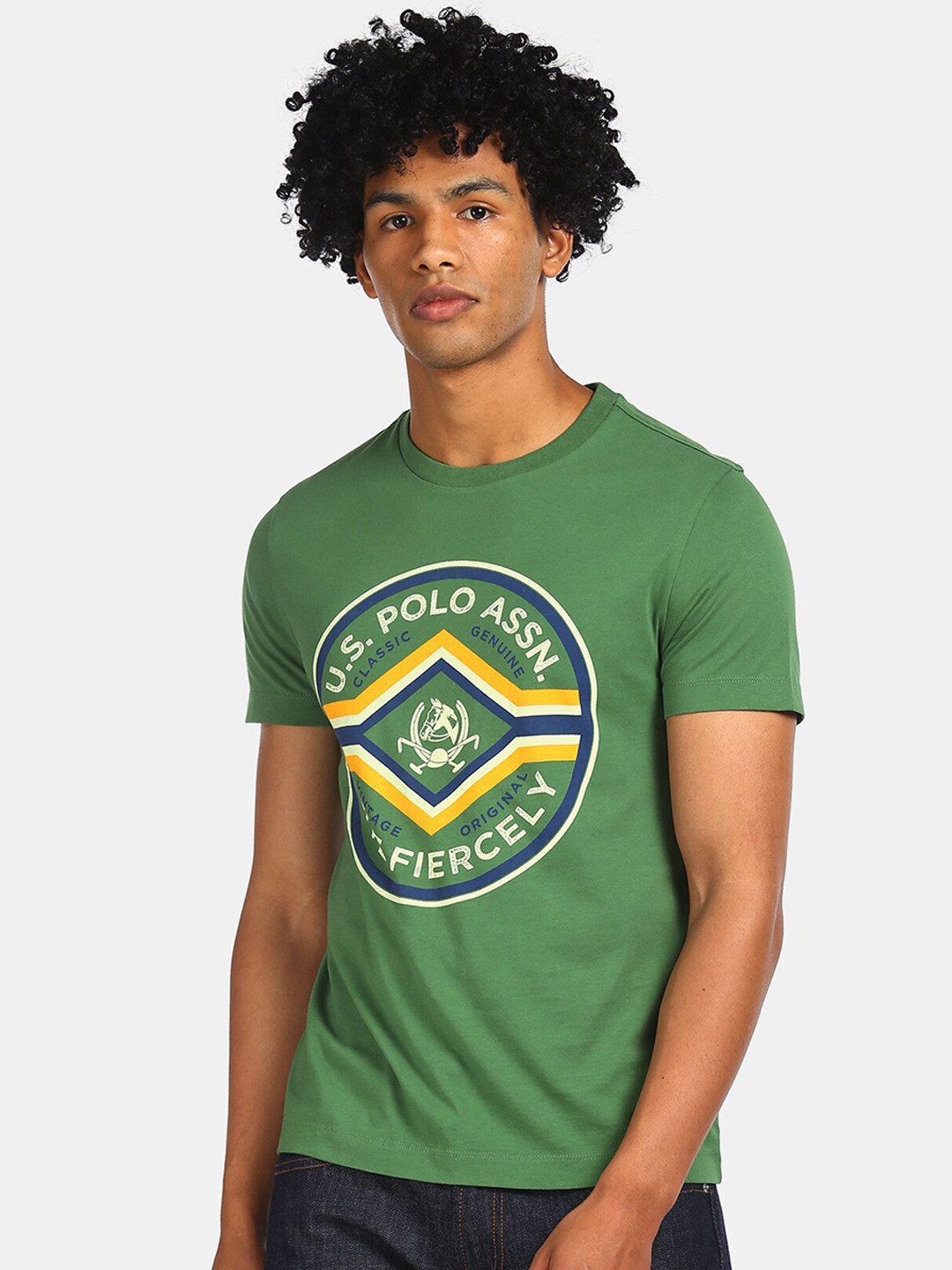 

U.S. Polo Assn. Denim Co. Men Green & White Printed Round Neck T-shirt