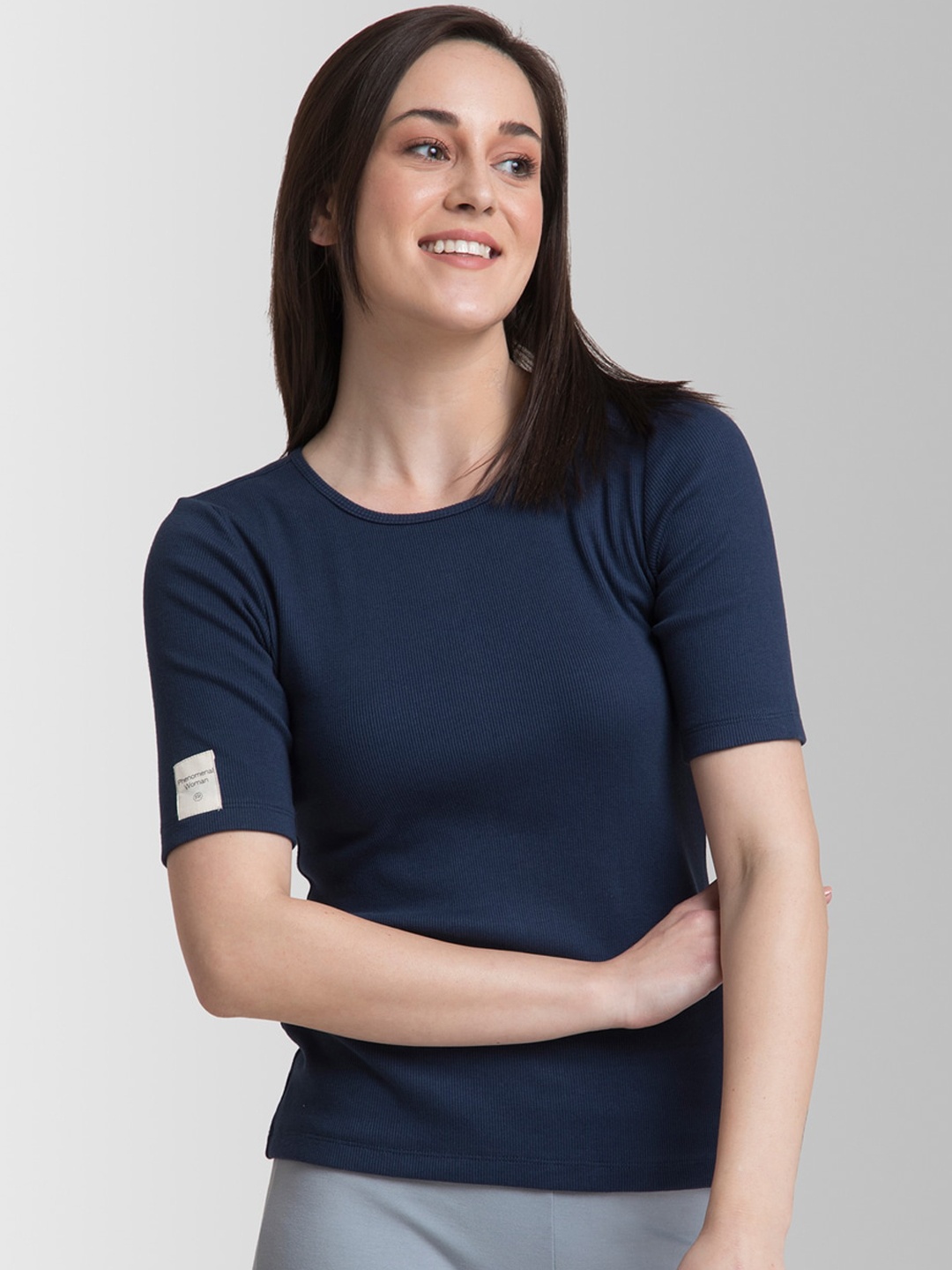 

FableStreet Women LivIn Round Neck T-shirt, Navy blue