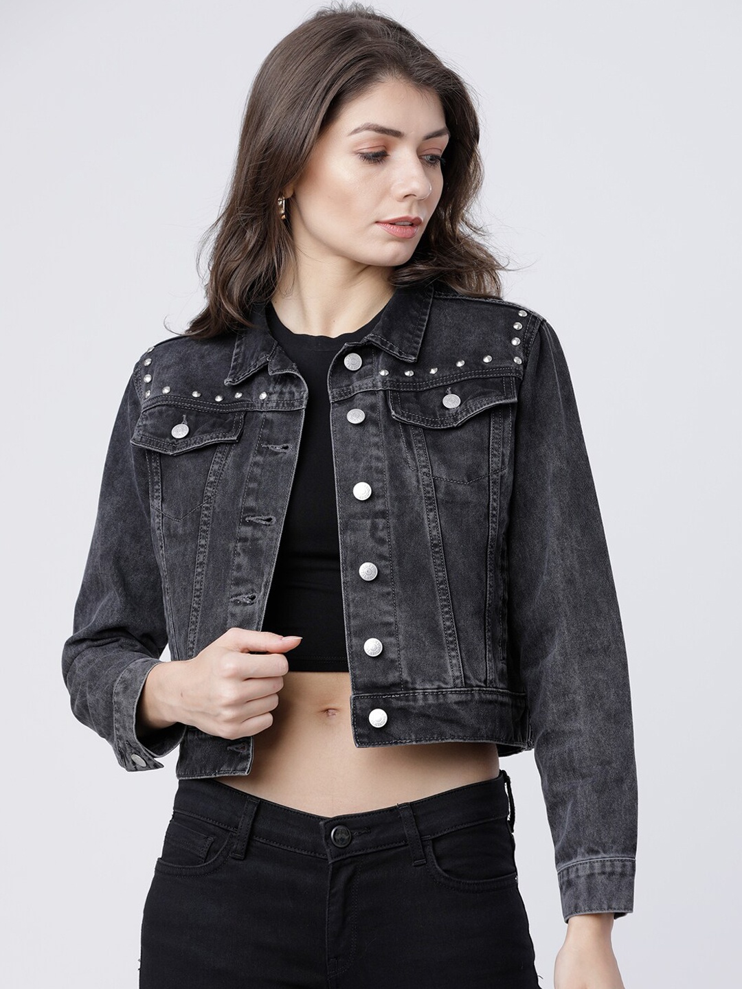 

Tokyo Talkies Women Grey Solid Crop Denim Jacket