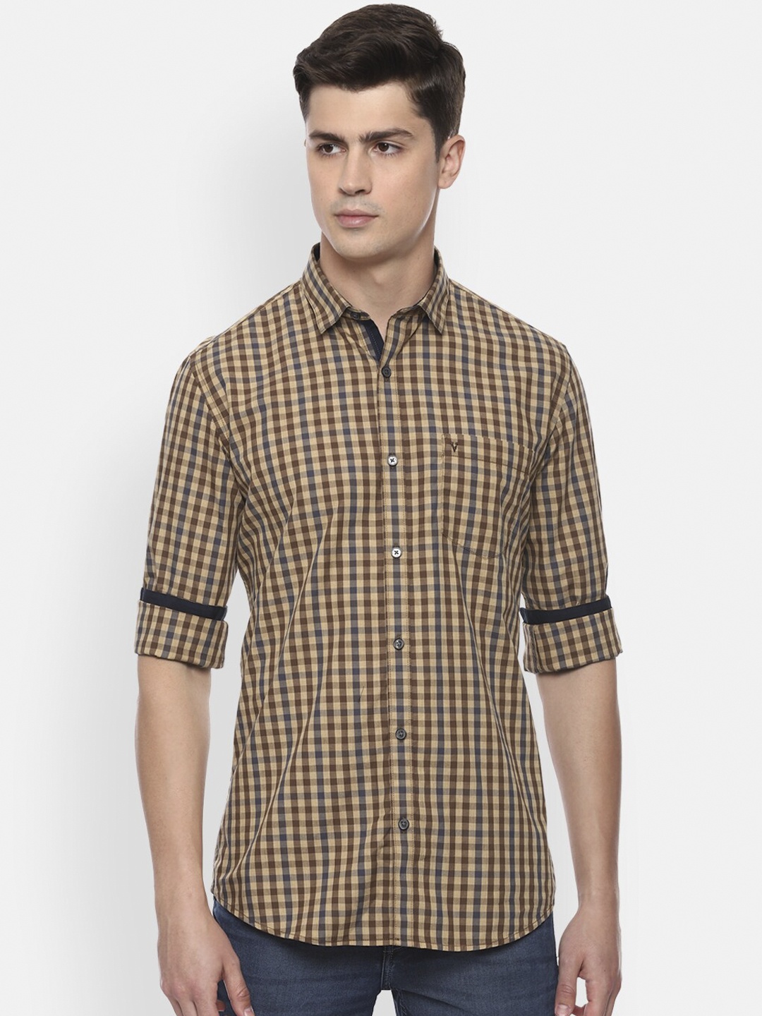 Van Heusen Sport Men Brown & Navy Blue Slim Fit Checked Cotton Casual Shirt