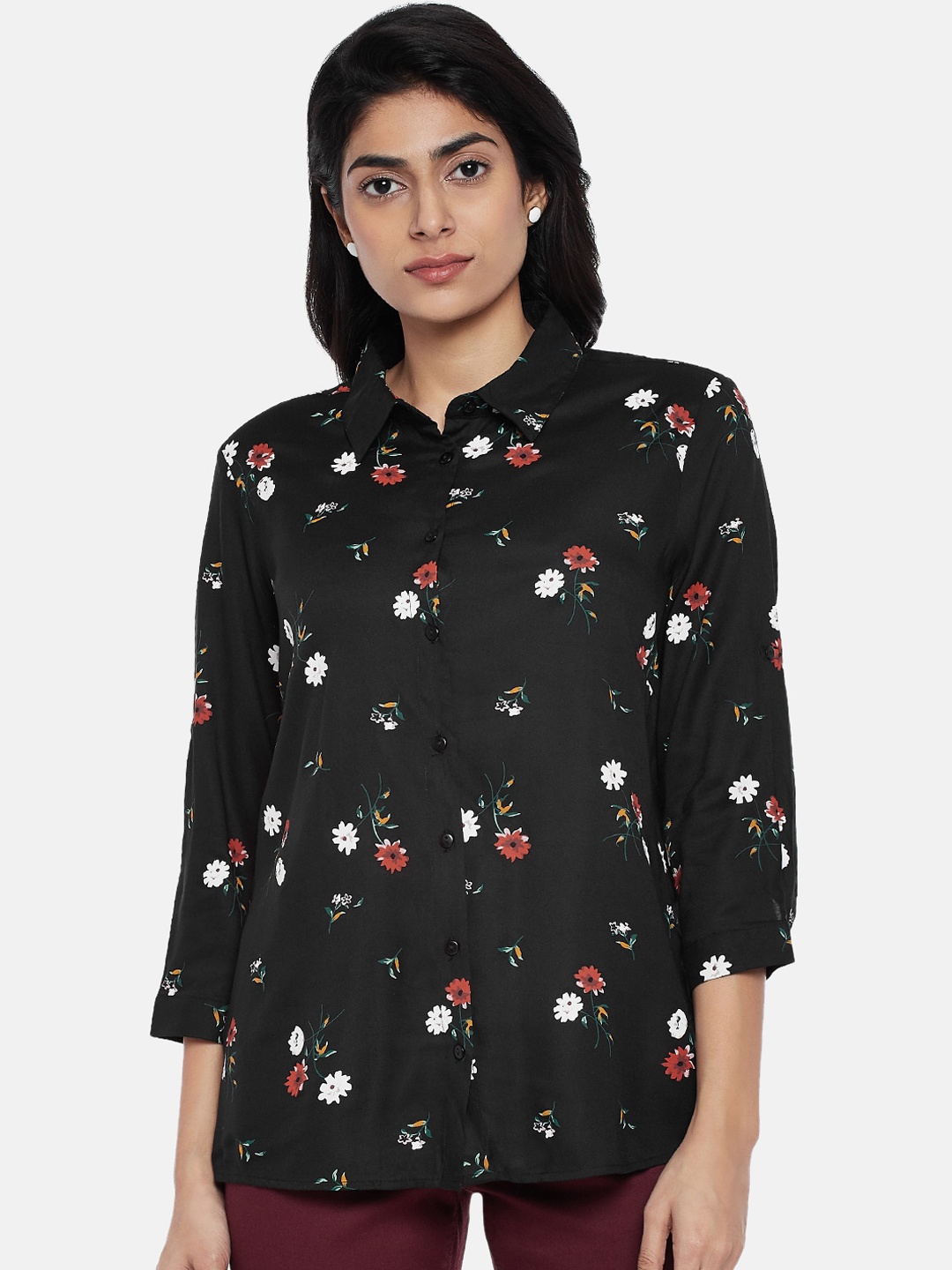 

Honey by Pantaloons Women Black & Off-White Floral Printed Casual Shirt