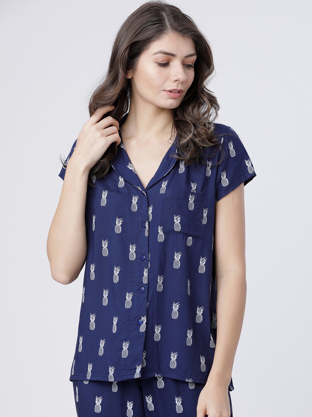 

Tokyo Talkies Women Navy Blue Regular Fit Printed Sleep Shirt