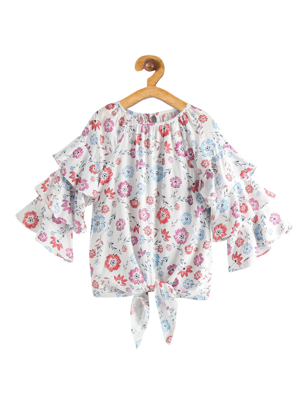 

Kiddopanti white floral printed flared sleeves layered crepe regular top