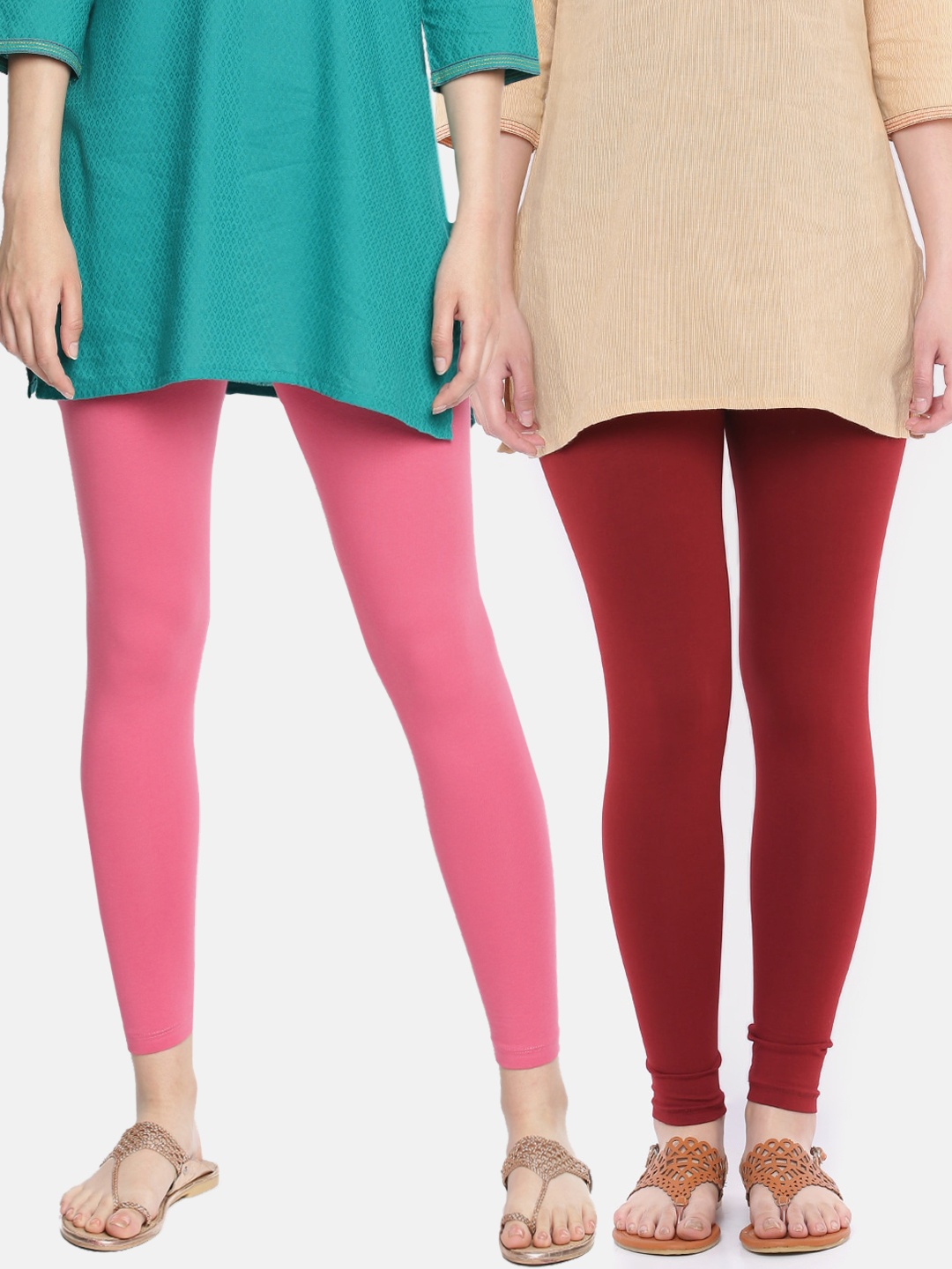 

Dollar Missy Women Pack of 2 Solid Ankle-Length Slim-Fit Leggings, Maroon