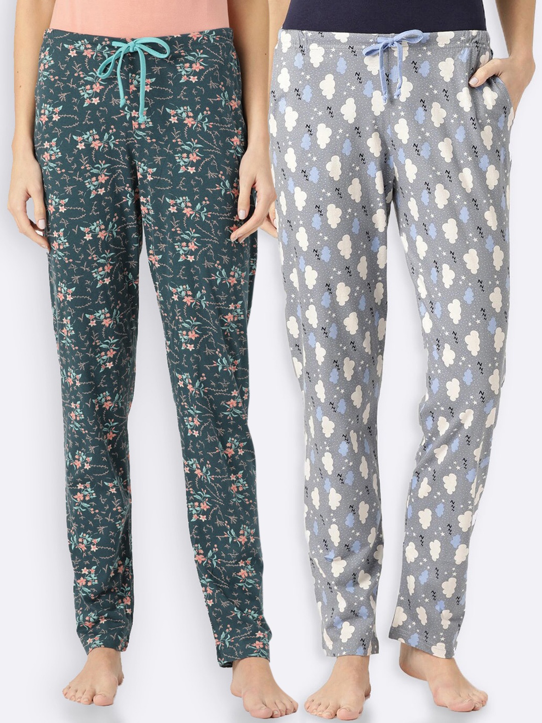 Kanvin Women Pack Of 2 Printed Lounge Pants, Green