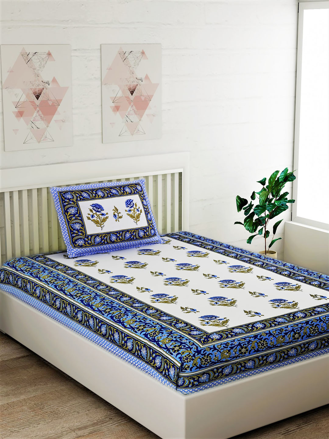 

Salona Bichona White & Blue Ethnic Motifs 120 TC Cotton 1 Single Bedsheet with 1 Pillow Covers