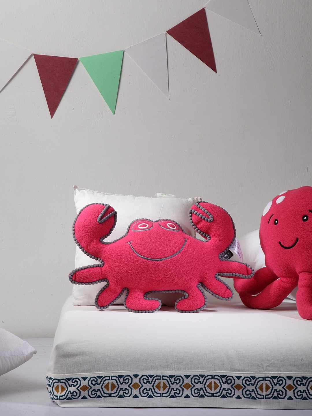 BLANC9 Kids Pink & Grey Embroidered Crab-Shaped Cushion Inserts