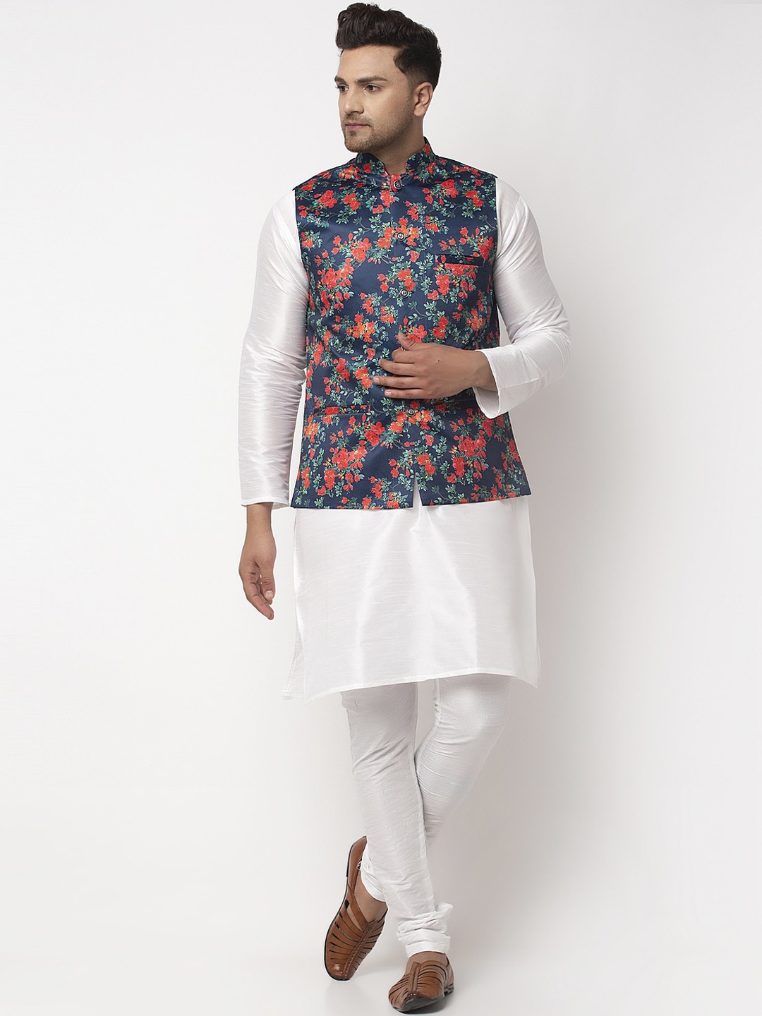Benstoke Men White Regular Dupion Silk Kurta with Churidar