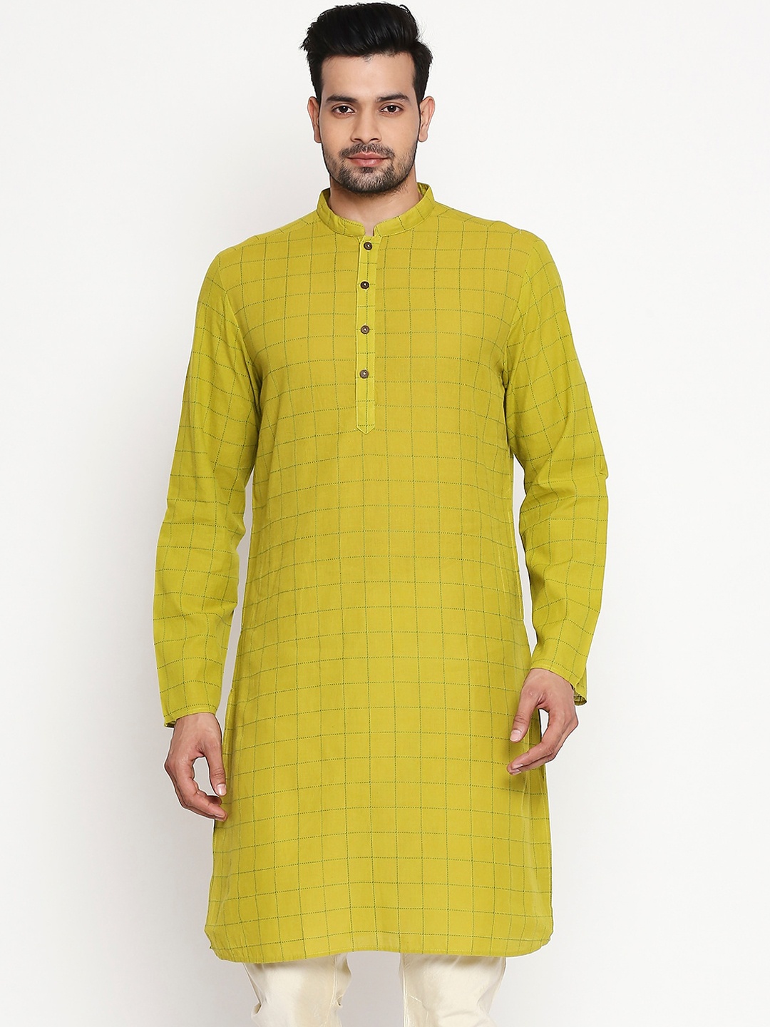 

Indus route by pantaloons Men Green Checked Straight Kurta
