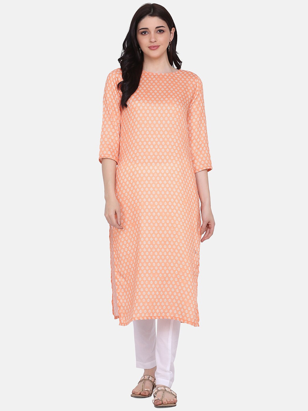 

Saanjh Women Orange & White Printed Kurta with Trousers