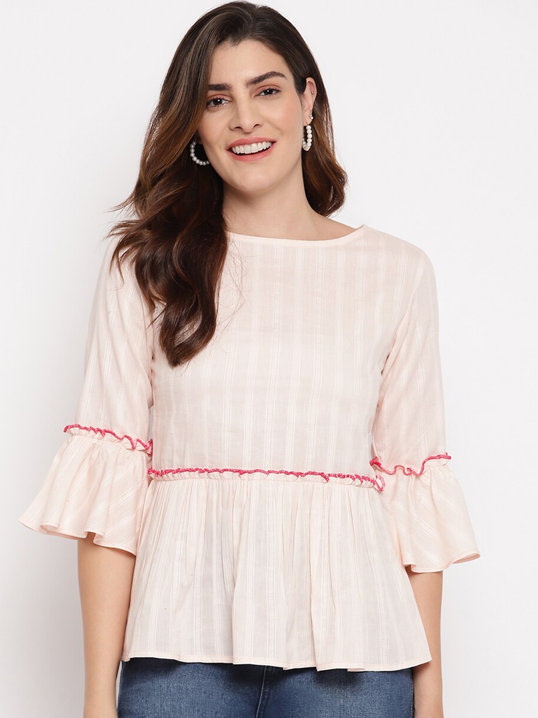 

Marc Loire Women Peach-Coloured Striped Bell Sleeves Top